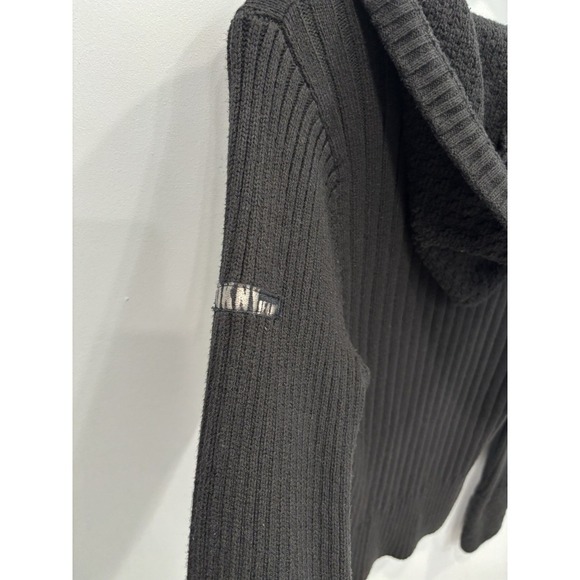 DKNY Jeans Large Cable Knit Hooded Sweater Black Quarter Zip Pullover Logo - Picture 5 of 9